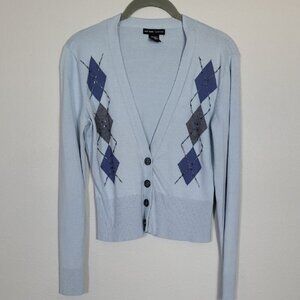 Vintage NY & Co Womens Silk Blend Argyle Cardigan Size M Blue Preppy Knit Fitted